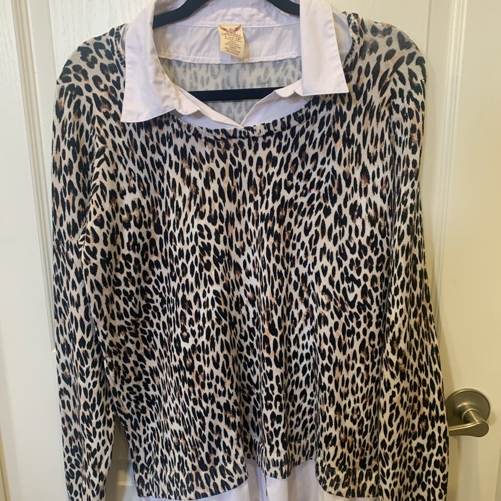 Wool Blend Faded Glory Sz L leopard Print Layered Long Sleeve Shirt White Collar